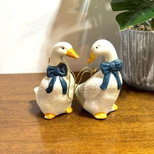 Vintage Goose Ornaments Porcelain Set of 2 Blue Ribbon Taiwan ROC 80s